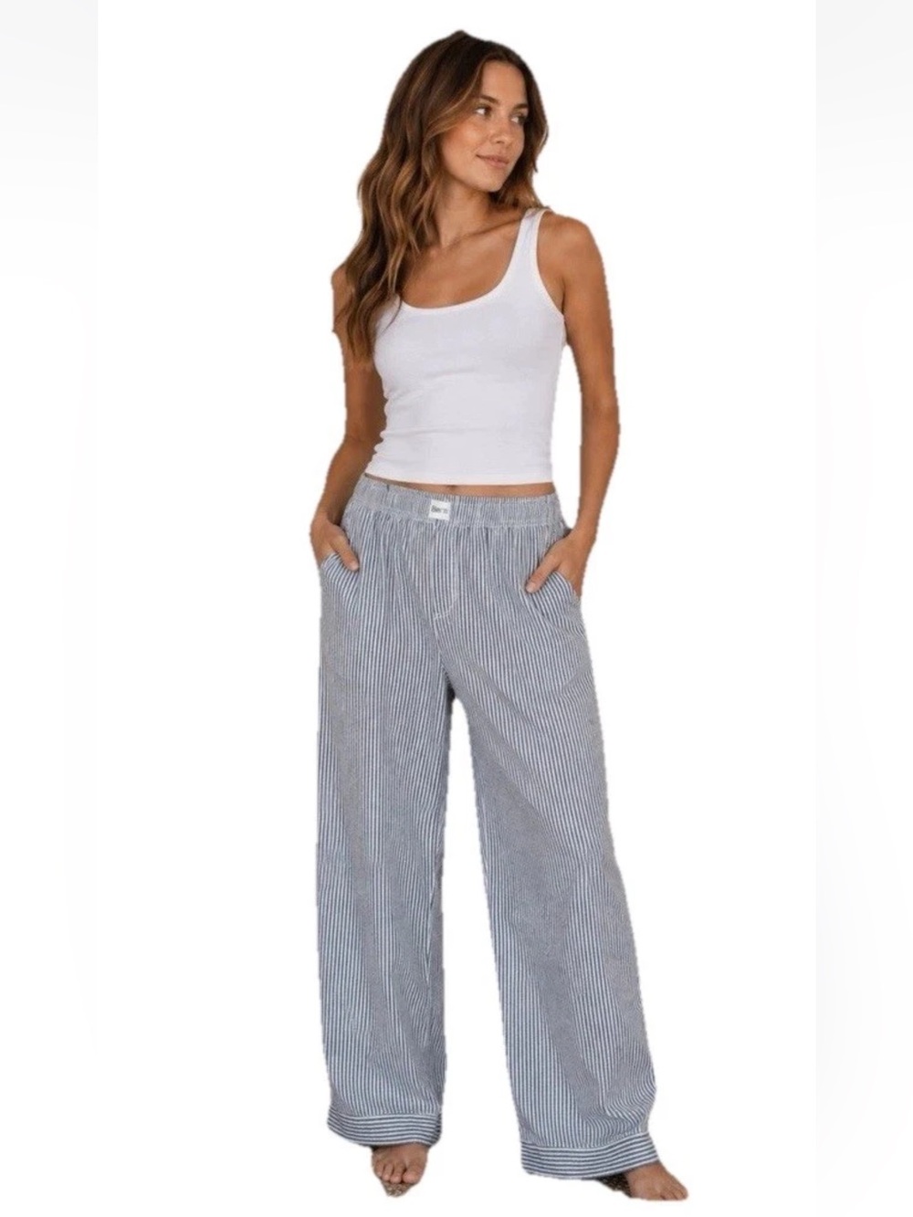 Born Women’s L Navy and Gray Striped Wide Leg Pants Cozy Casual Loungewear Boho